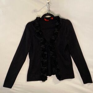 RED Brand Black Cardigan Sweater with Rosette Trim  Size Large